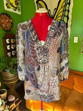 Jaipur Paisley V-Neck Tunic in Blue, Orange, Cream, Brown